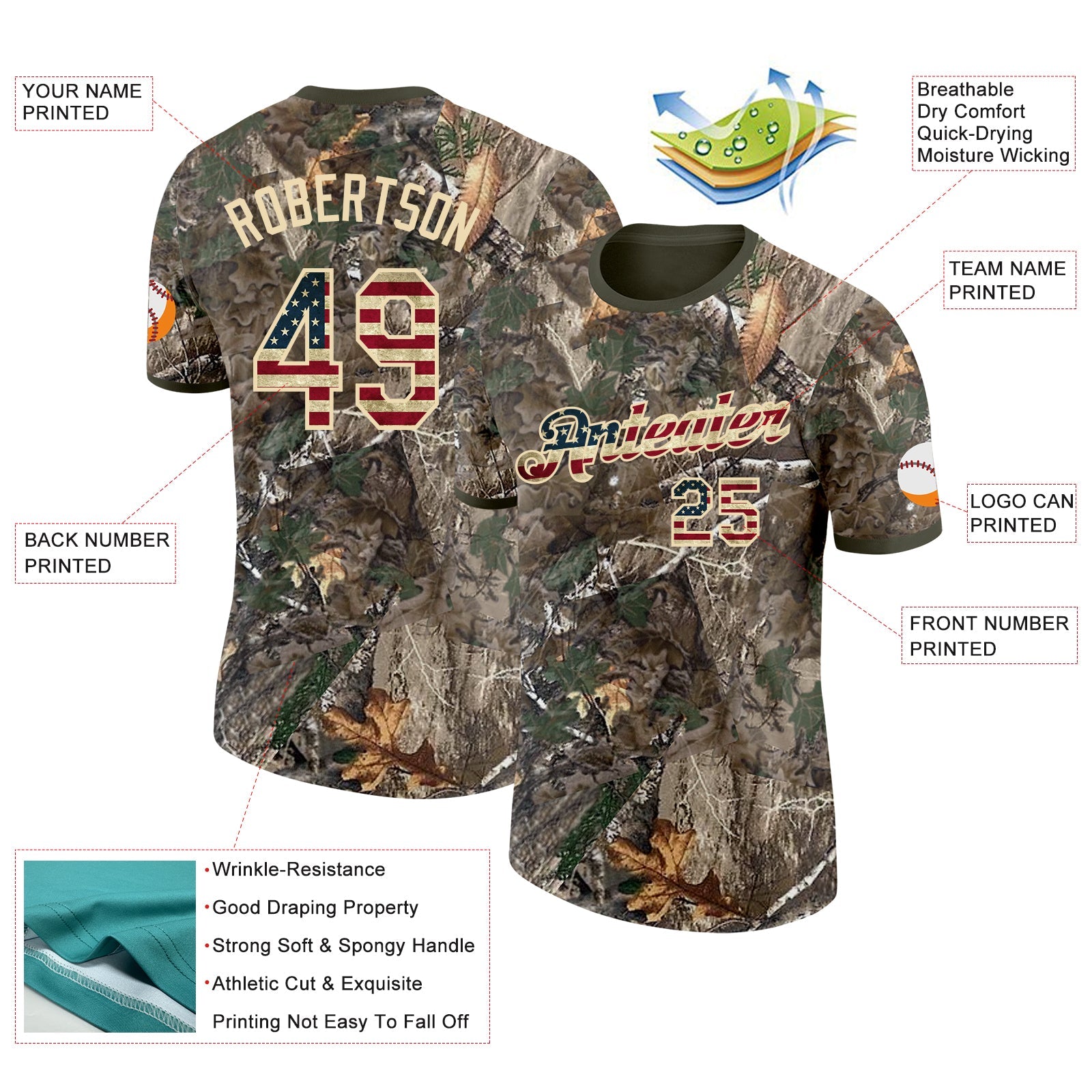 Custom Camo Vintage USA Flag Cream-Olive Woodland Camouflage Salute To Service Performance T-Shirt view 2