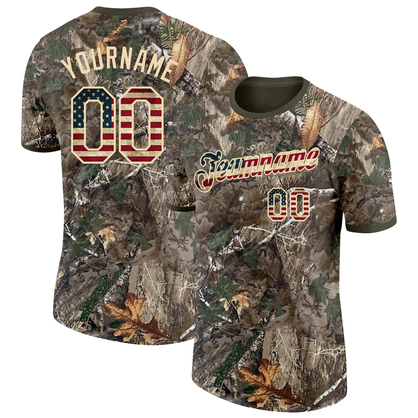 Custom Camo Vintage USA Flag Cream-Olive Woodland Camouflage Salute To Service Performance T-Shirt - Main View