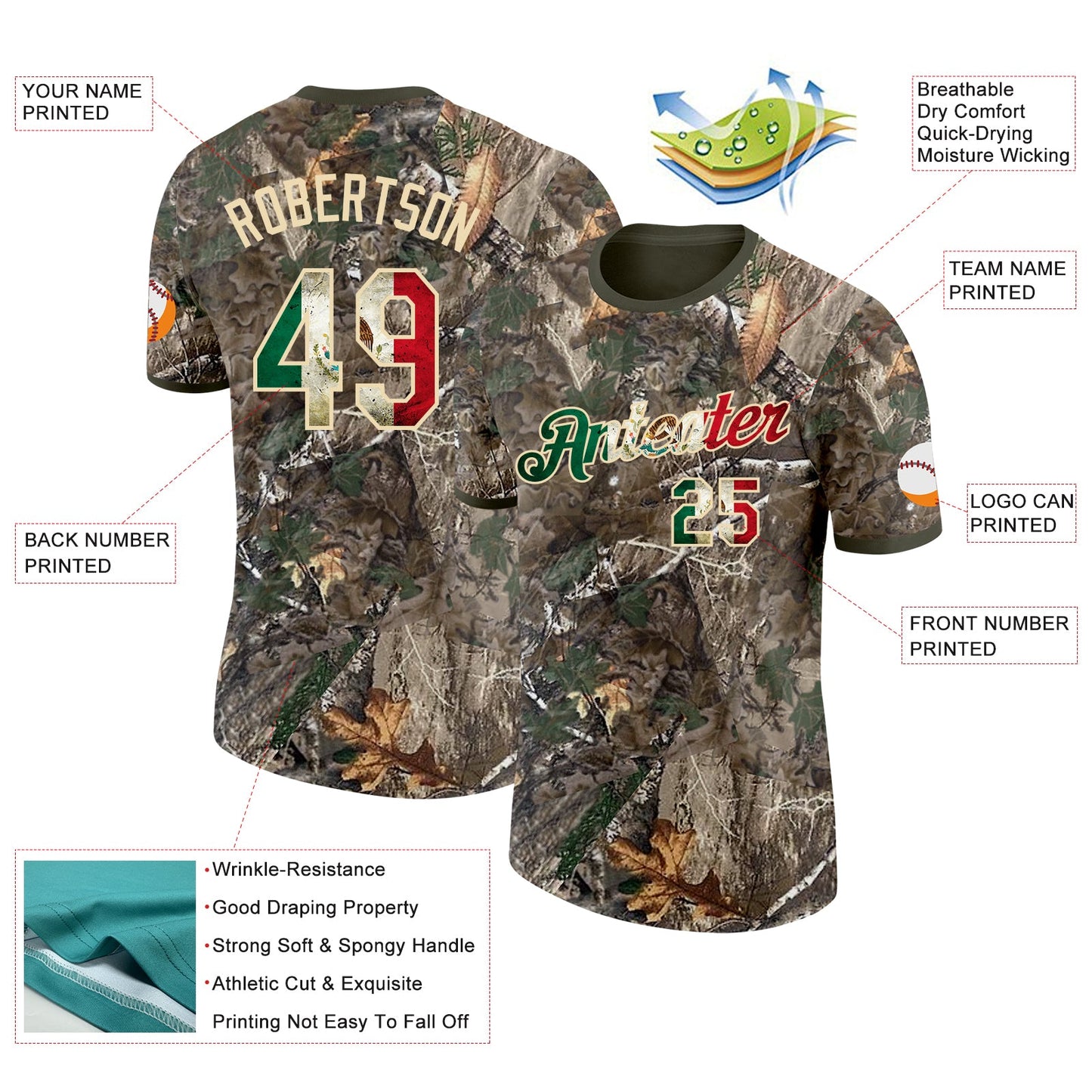 Custom Camo Vintage Mexican Flag Cream-Olive Woodland Camouflage Salute To Service Performance T-Shirt view 2