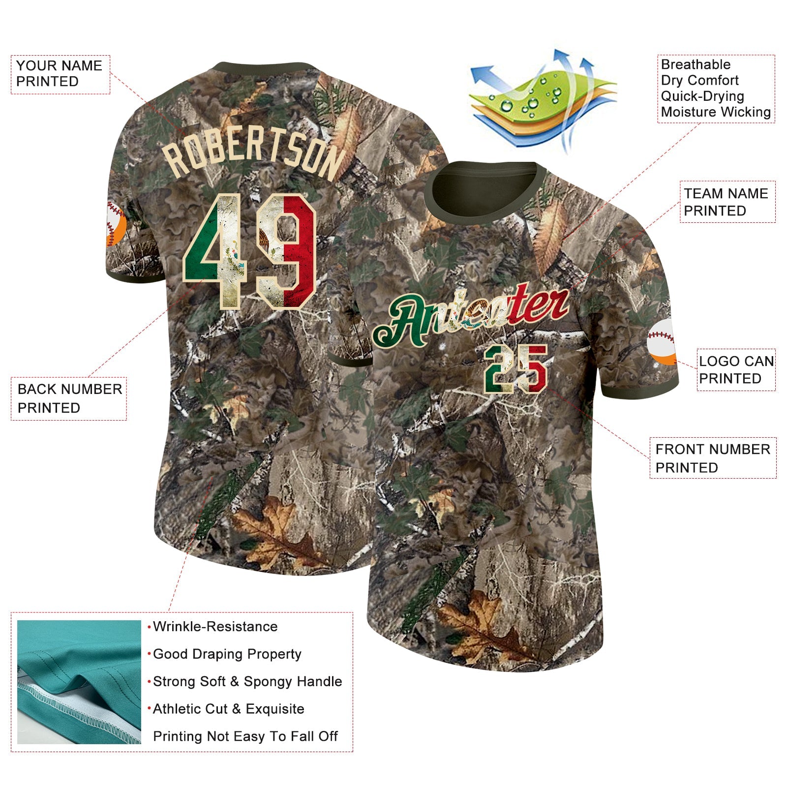 Custom Camo Vintage Mexican Flag Cream-Olive Woodland Camouflage Salute To Service Performance T-Shirt view 2