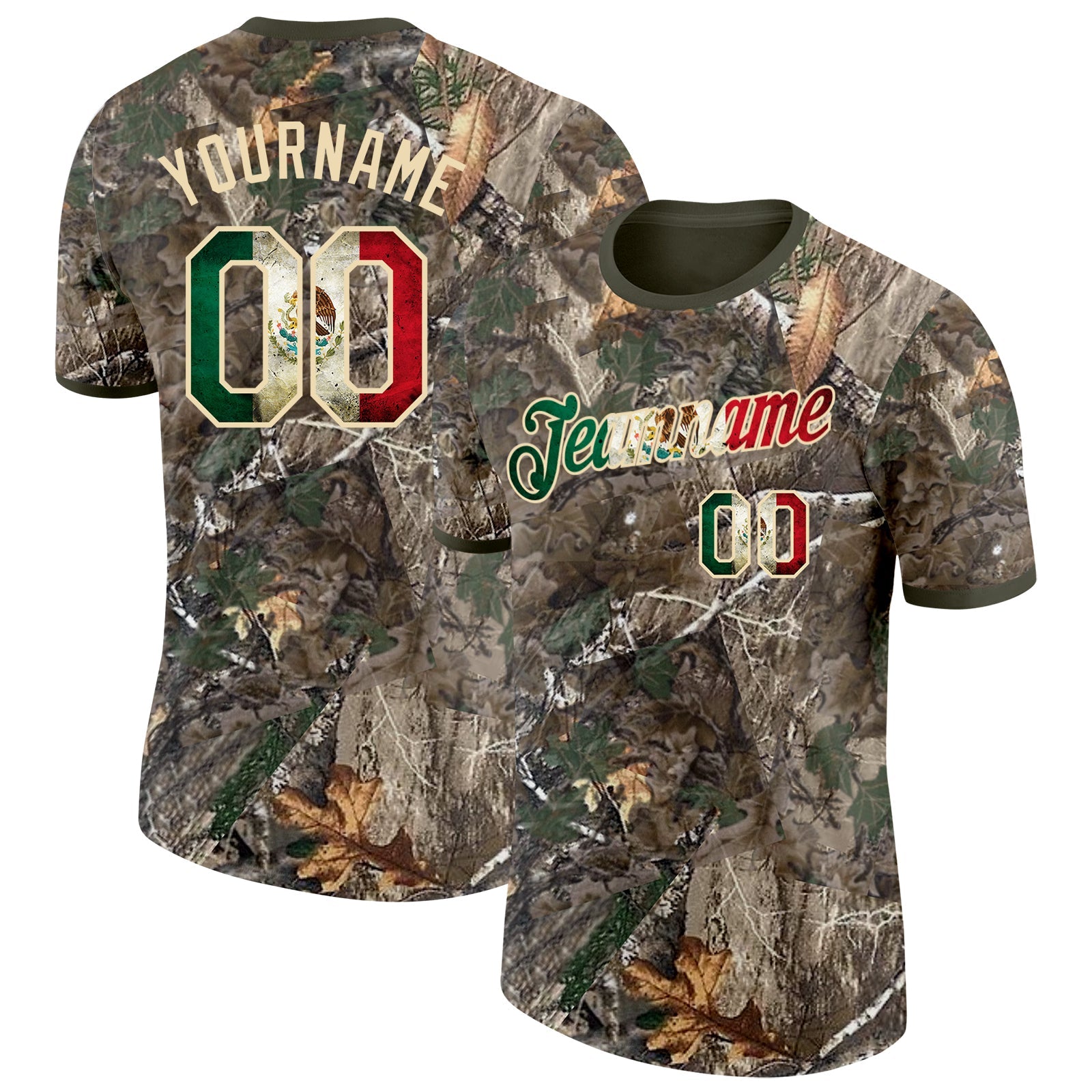 Custom Camo Vintage Mexican Flag Cream-Olive Woodland Camouflage Salute To Service Performance T-Shirt - Main View