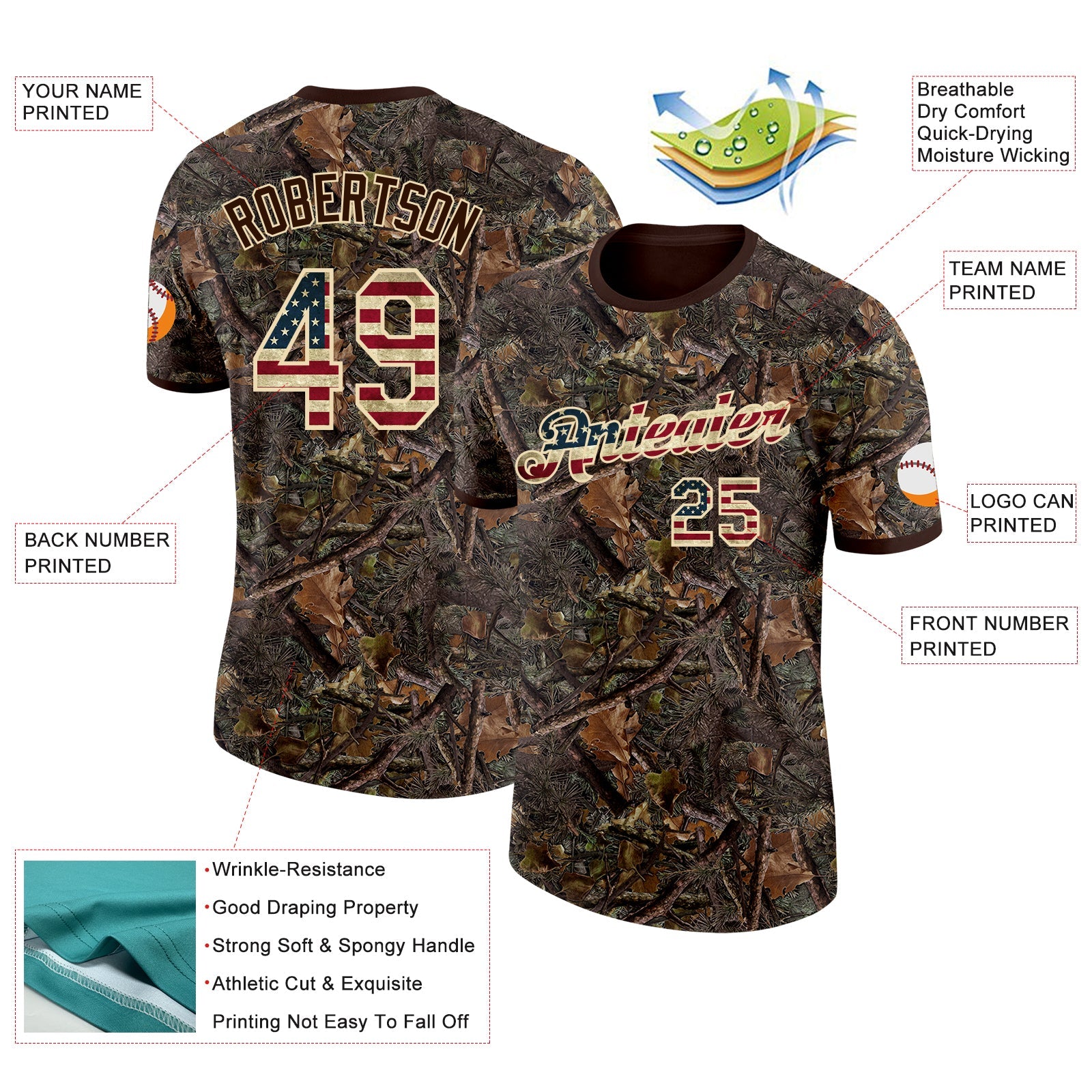 Custom Camo Vintage USA Flag Cream-Brown Woodland Camouflage Salute To Service Performance T-Shirt view 2