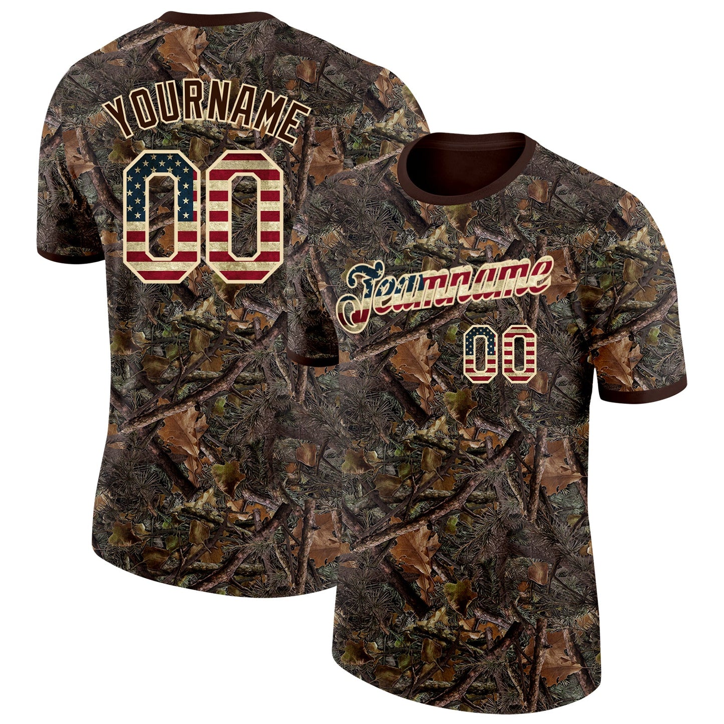 Custom Camo Vintage USA Flag Cream-Brown Woodland Camouflage Salute To Service Performance T-Shirt - Main View