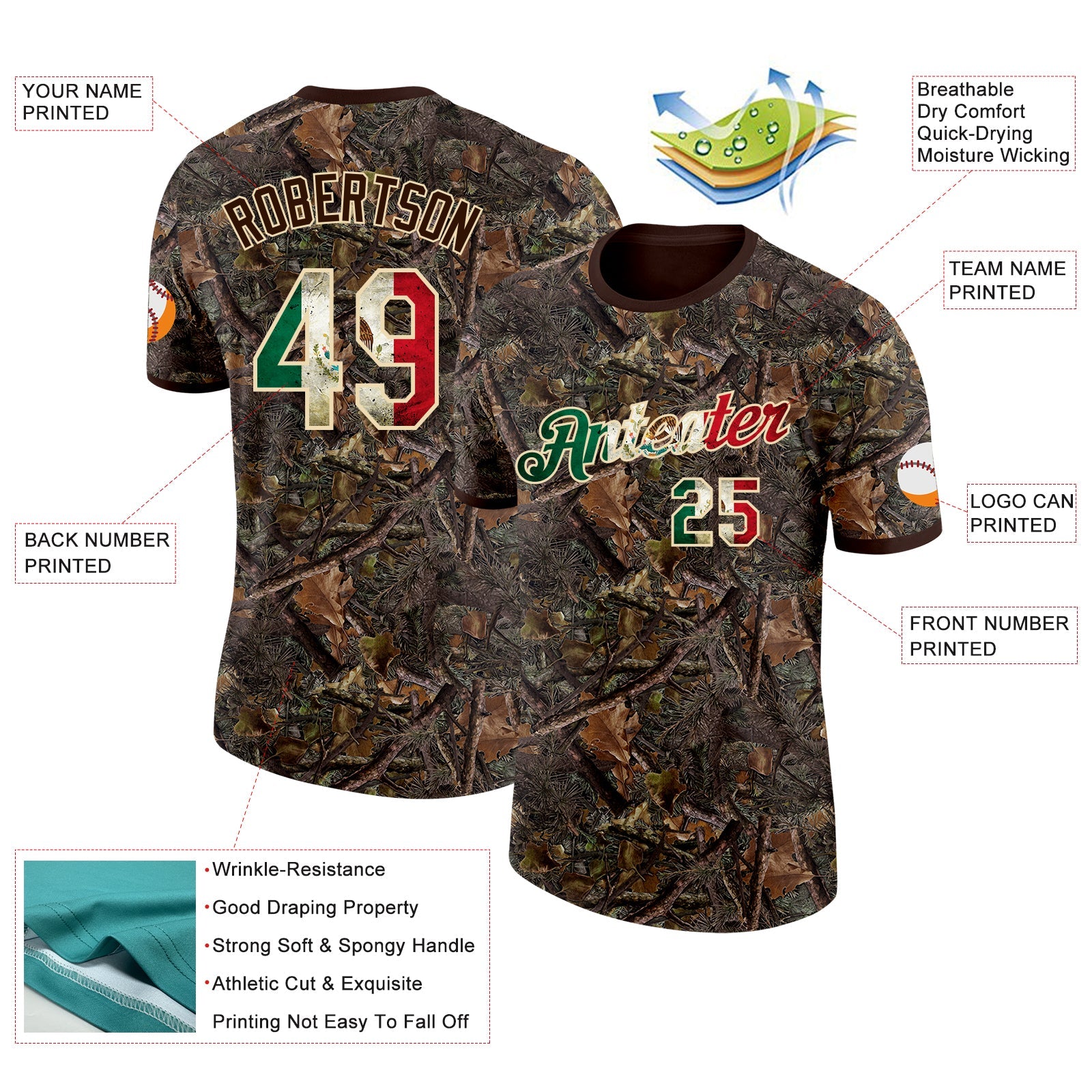 Custom Camo Vintage Mexican Flag Cream-Brown Woodland Camouflage Salute To Service Performance T-Shirt view 2