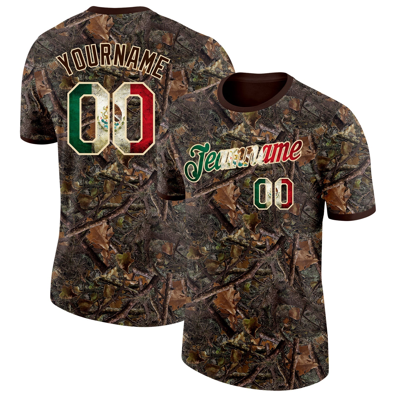 Custom Camo Vintage Mexican Flag Cream-Brown Woodland Camouflage Salute To Service Performance T-Shirt - Main View