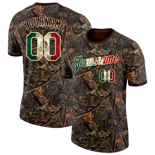 Custom Camo Vintage Mexican Flag Cream-Brown Woodland Camouflage Salute To Service Performance T-Shirt - Main View