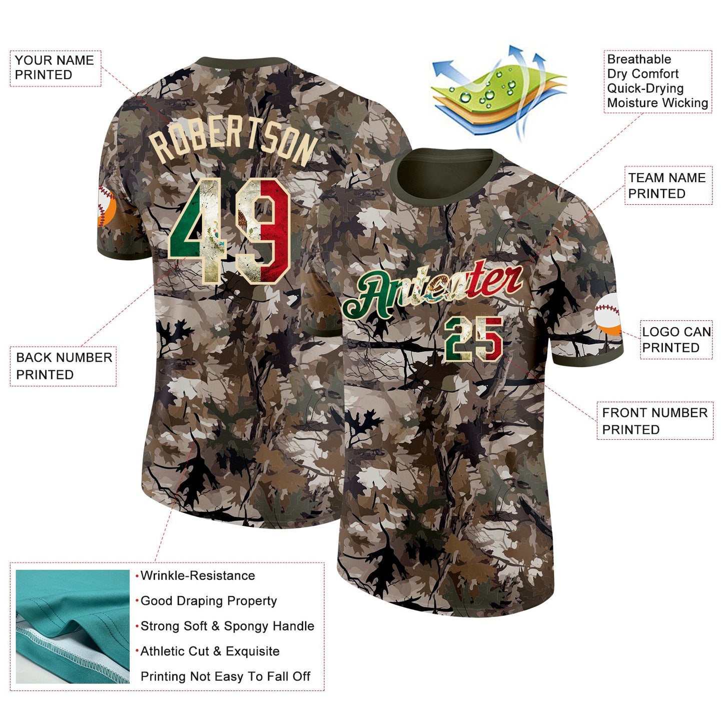 Custom Camo Vintage Mexican Flag Cream-Olive Woodland Camouflage Salute To Service Performance T-Shirt view 2