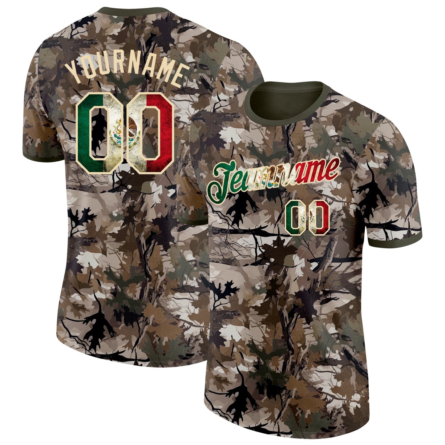 Custom Camo Vintage Mexican Flag Cream-Olive Woodland Camouflage Salute To Service Performance T-Shirt - Main View