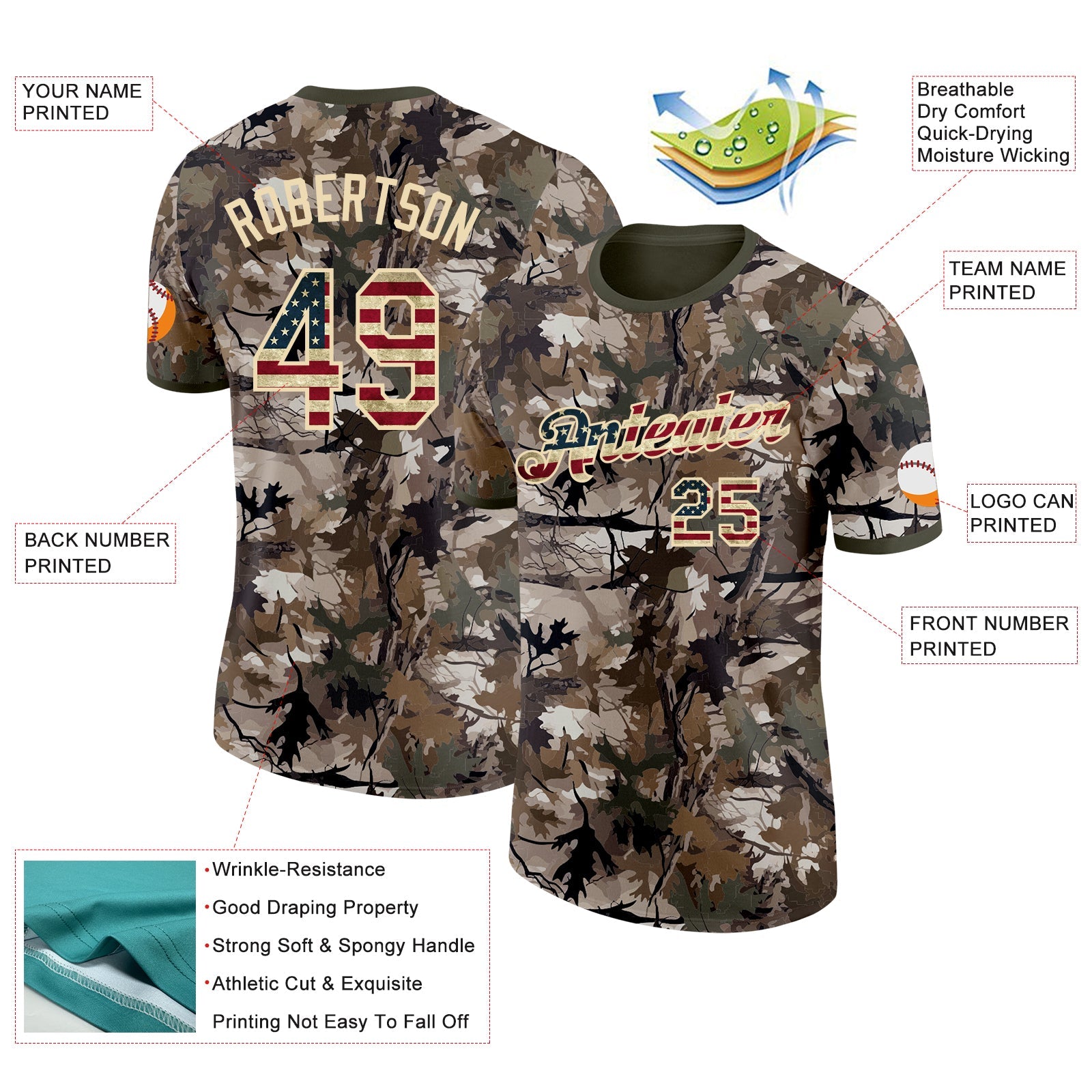 Custom Camo Vintage USA Flag Cream-Olive Woodland Camouflage Salute To Service Performance T-Shirt view 2
