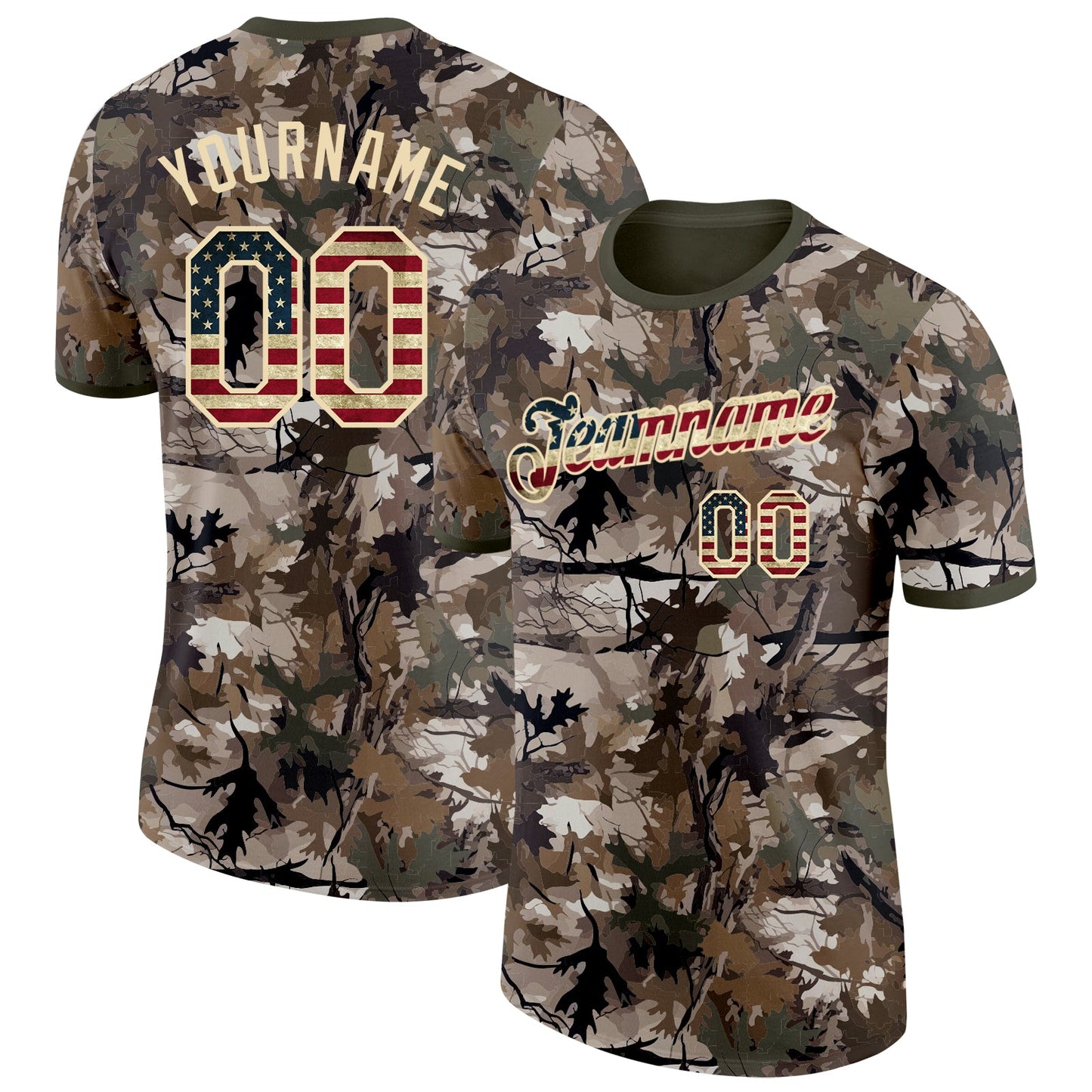 Custom Camo Vintage USA Flag Cream-Olive Woodland Camouflage Salute To Service Performance T-Shirt - Main View