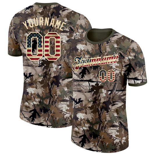 Custom Camo Vintage USA Flag Cream-Olive Woodland Camouflage Salute To Service Performance T-Shirt - Main View