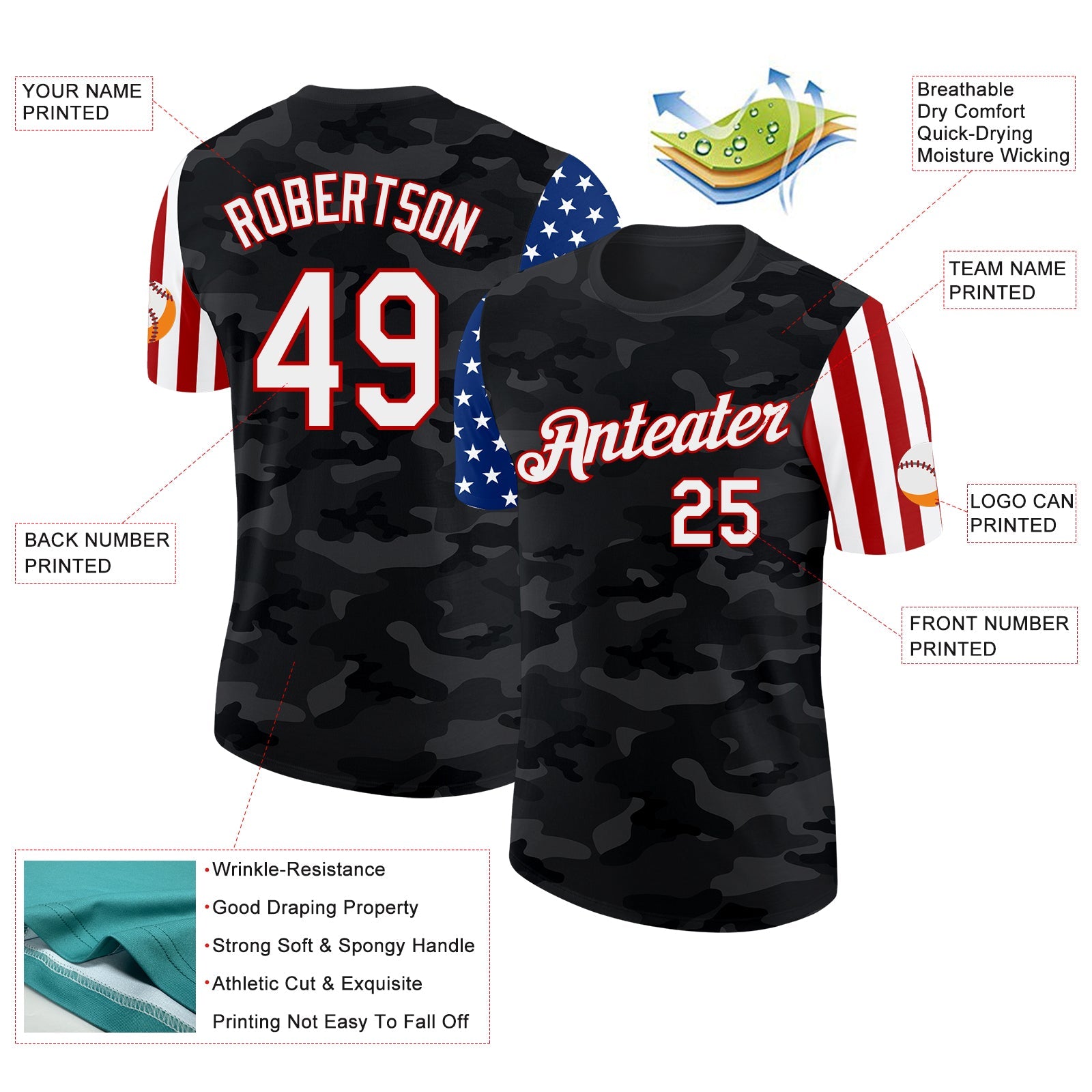 Custom Camo White Red-Black Two Tone USA Flag Sleeves Stars and Stripes Salute To Service Performance T-Shirt view 2