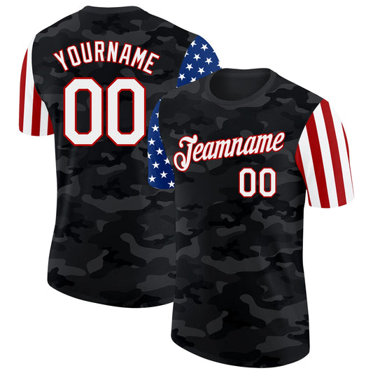 Custom Camo White Red-Black Two Tone USA Flag Sleeves Stars and Stripes Salute To Service Performance T-Shirt - Main View