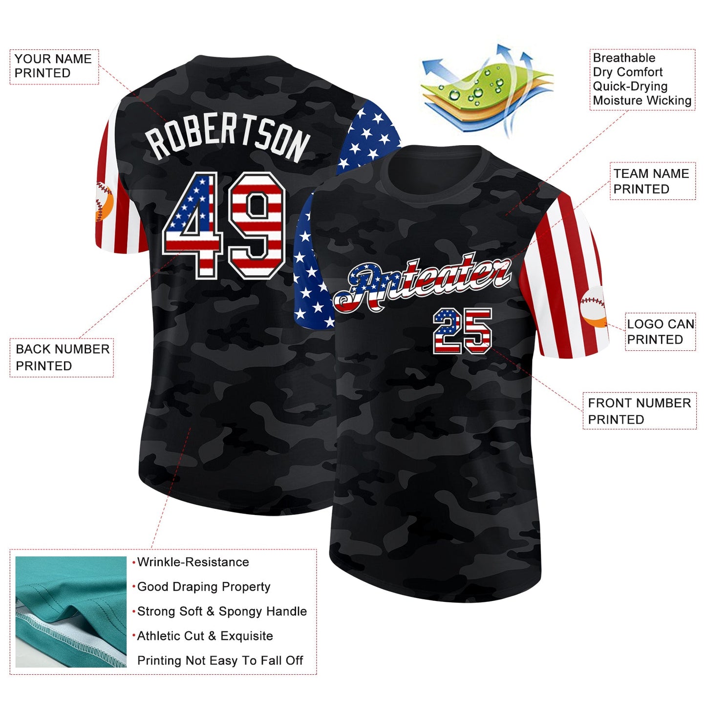 Custom Camo USA Flag Black-White Two Tone Stars and Stripes Salute To Service Performance T-Shirt view 2