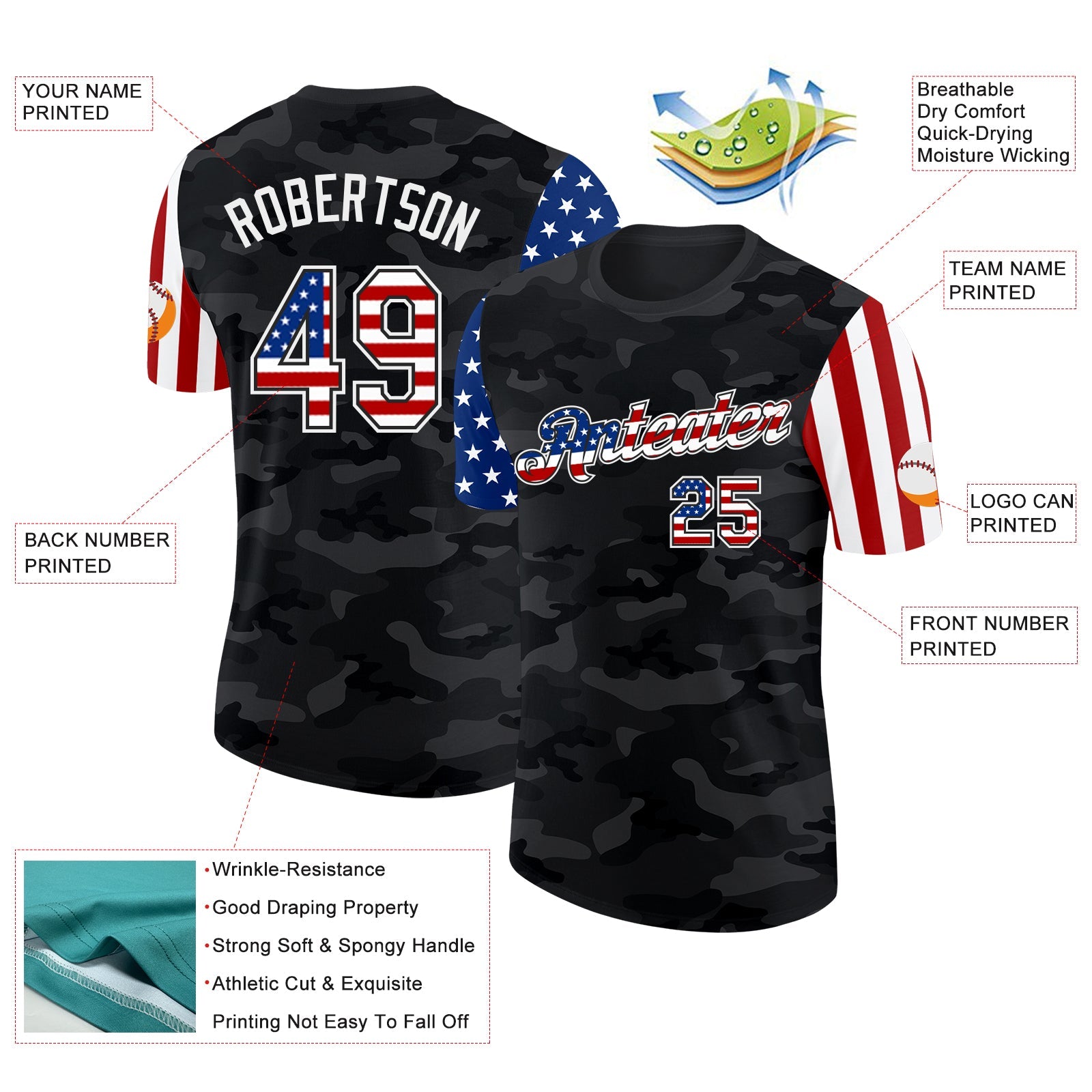 Custom Camo USA Flag Black-White Two Tone Stars and Stripes Salute To Service Performance T-Shirt view 2
