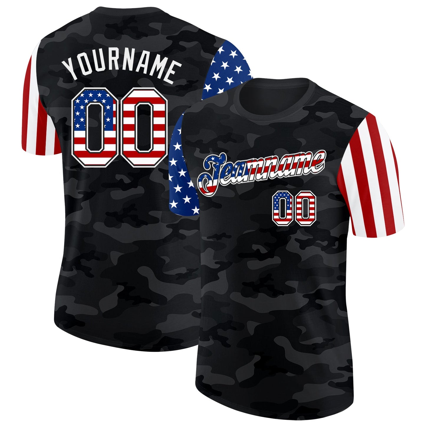 Custom Camo USA Flag Black-White Two Tone Stars and Stripes Salute To Service Performance T-Shirt - Main View