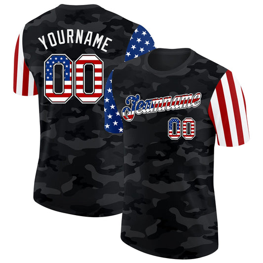 Custom Camo USA Flag Black-White Two Tone Stars and Stripes Salute To Service Performance T-Shirt - Main View