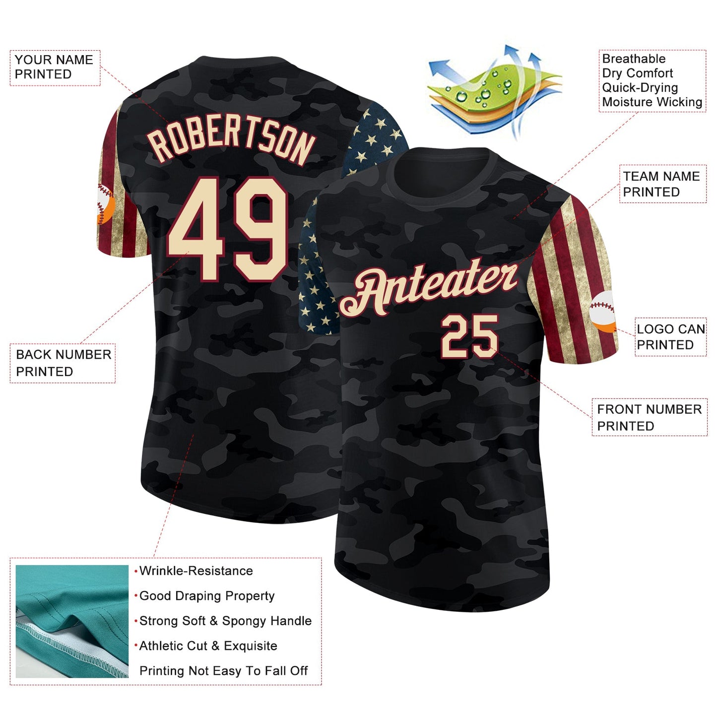 Custom Camo Cream Crimson-Black Two Tone USA Flag Sleeves Stars and Stripes Salute To Service Performance T-Shirt view 2