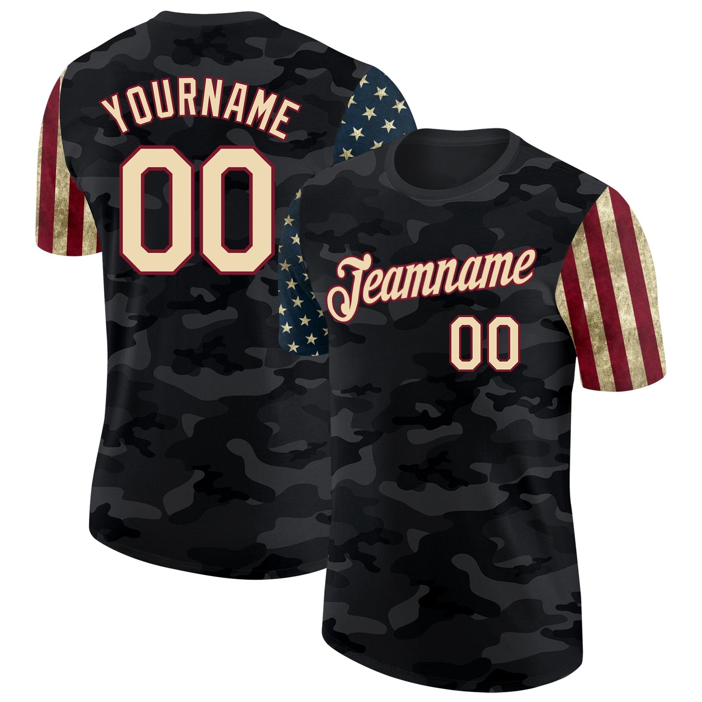 Custom Camo Cream Crimson-Black Two Tone USA Flag Sleeves Stars and Stripes Salute To Service Performance T-Shirt - Main View