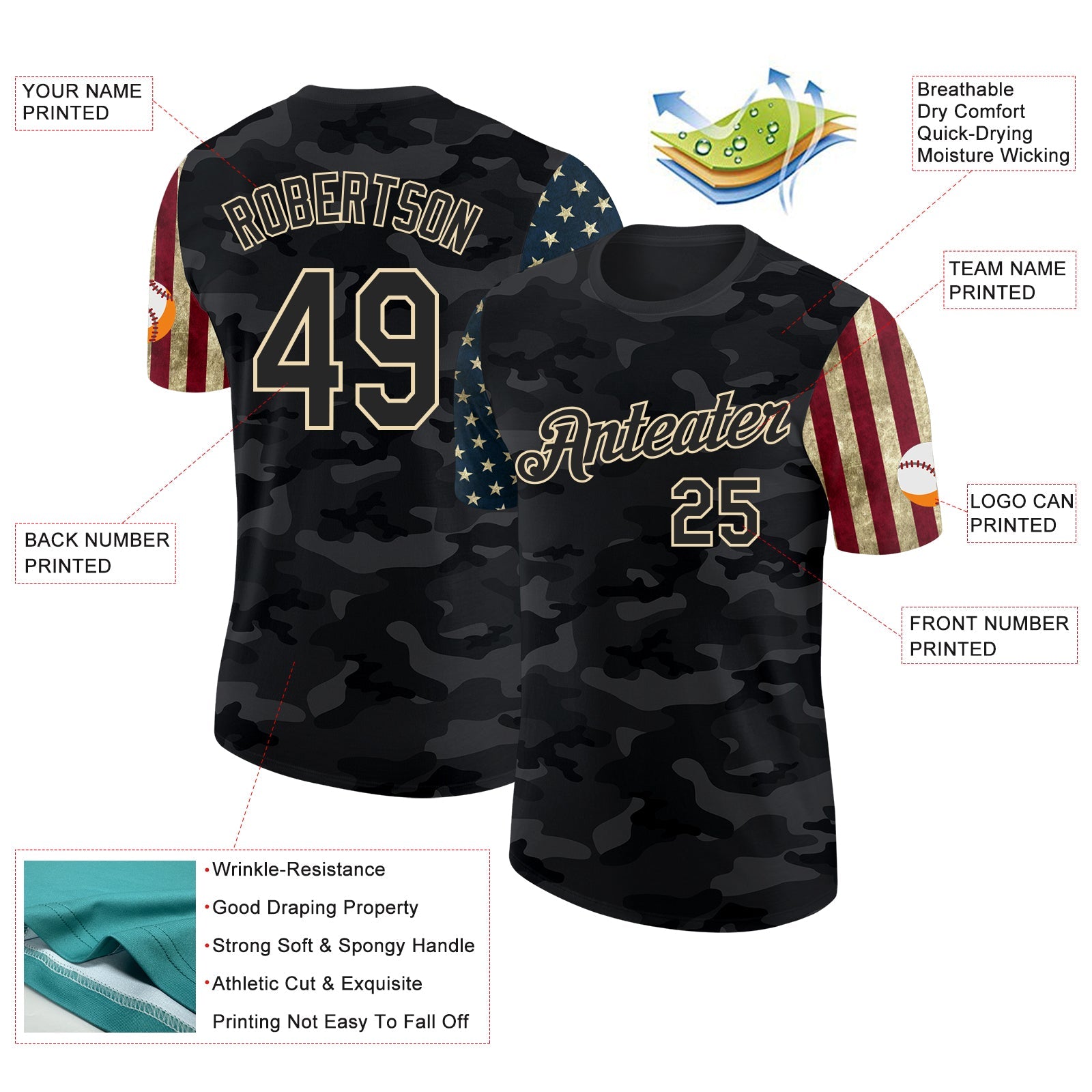 Custom Camo Black-Cream Two Tone USA Flag Sleeves Stars and Stripes Salute To Service Performance T-Shirt view 2