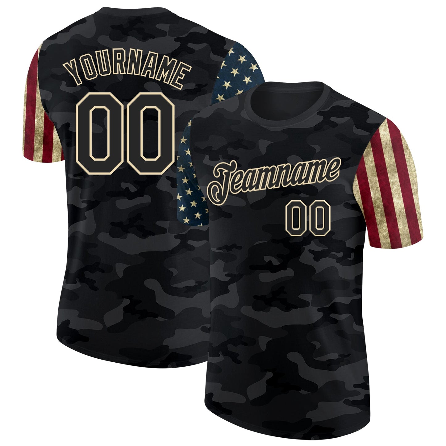 Custom Camo Black-Cream Two Tone USA Flag Sleeves Stars and Stripes Salute To Service Performance T-Shirt - Main View
