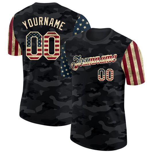 Custom Camo Vintage USA Flag Cream-Black Two Tone Stars and Stripes Salute To Service Performance T-Shirt - Main View