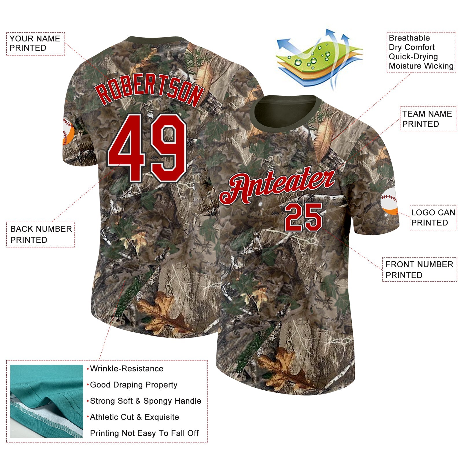 Custom Camo Red White Black-Olive Woodland Camouflage Salute To Service Performance T-Shirt view 2