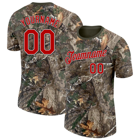 Custom Camo Red White Black-Olive Woodland Camouflage Salute To Service Performance T-Shirt - Main View