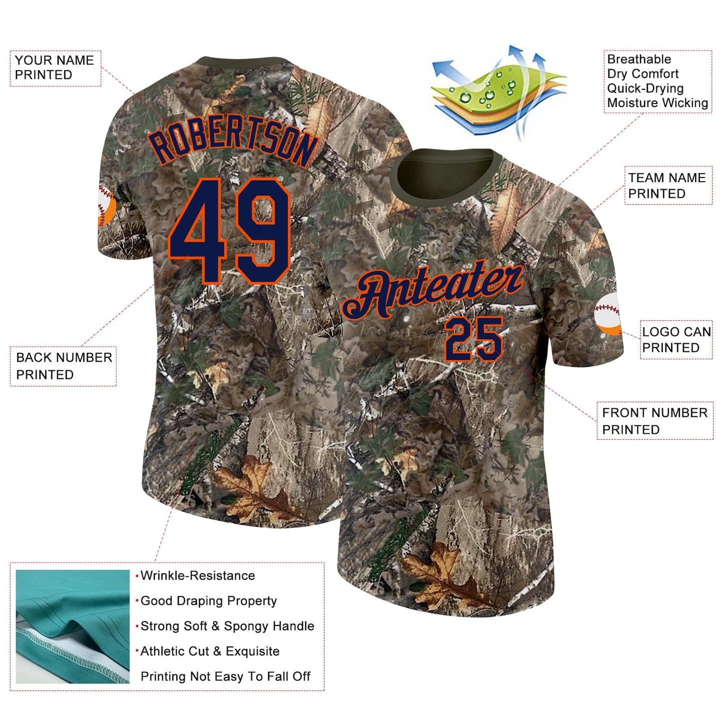 Custom Camo Navy Orange-Olive Woodland Camouflage Salute To Service Performance T-Shirt view 2