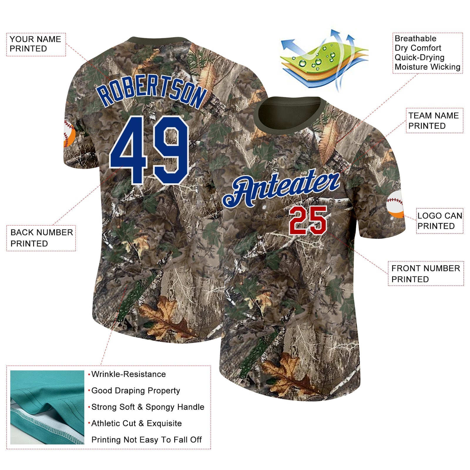 Custom Camo Royal Red White-Olive Woodland Camouflage Salute To Service Performance T-Shirt view 2