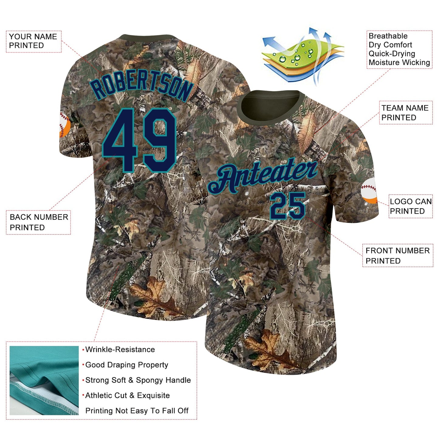 Custom Camo Navy Teal-Olive Woodland Camouflage Salute To Service Performance T-Shirt view 2