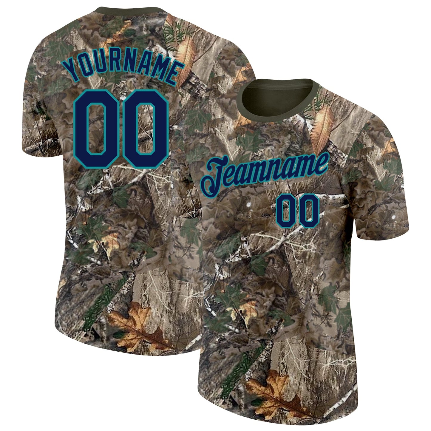 Custom Camo Navy Teal-Olive Woodland Camouflage Salute To Service Performance T-Shirt - Main View
