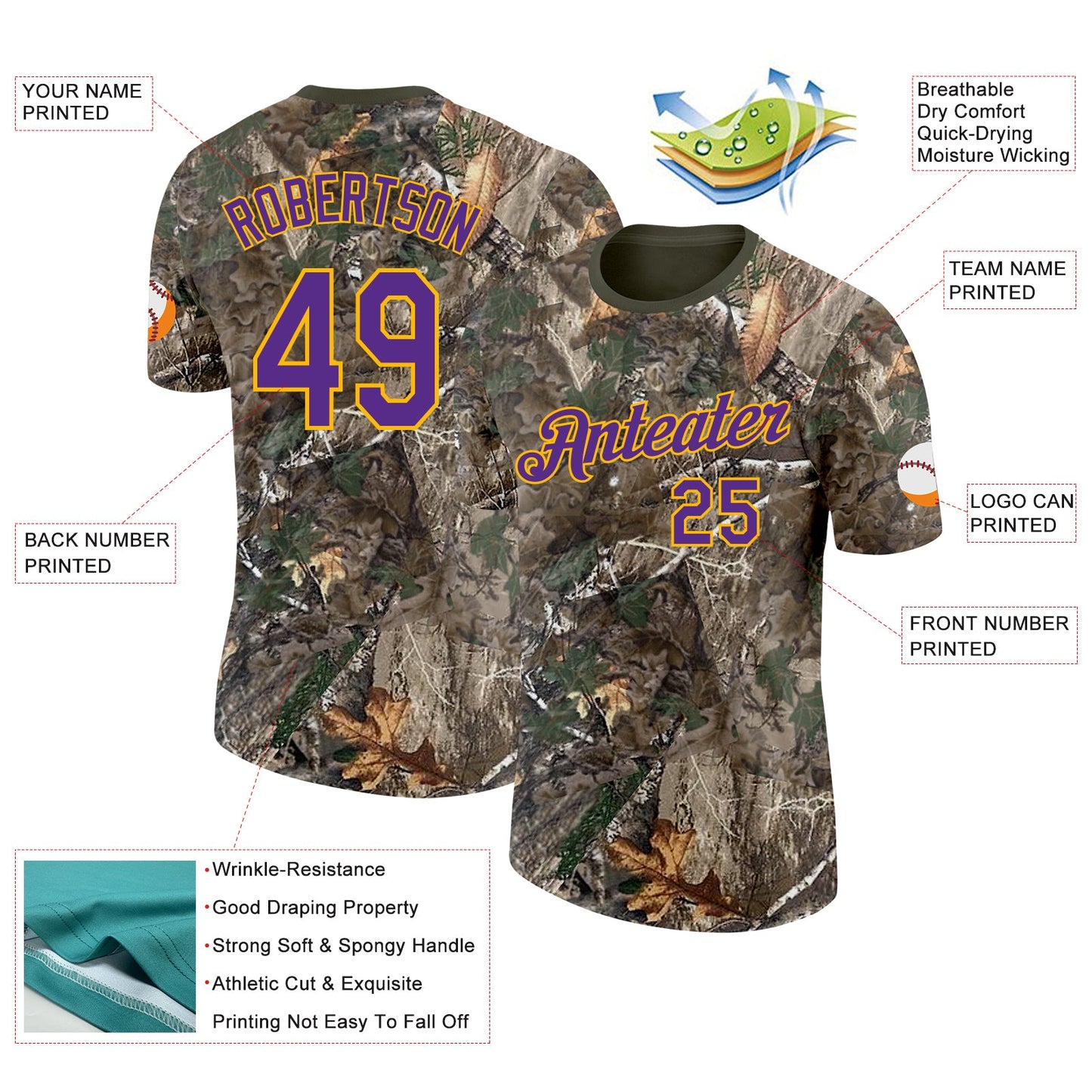 Custom Camo Purple Gold-Olive Woodland Camouflage Salute To Service Performance T-Shirt view 2