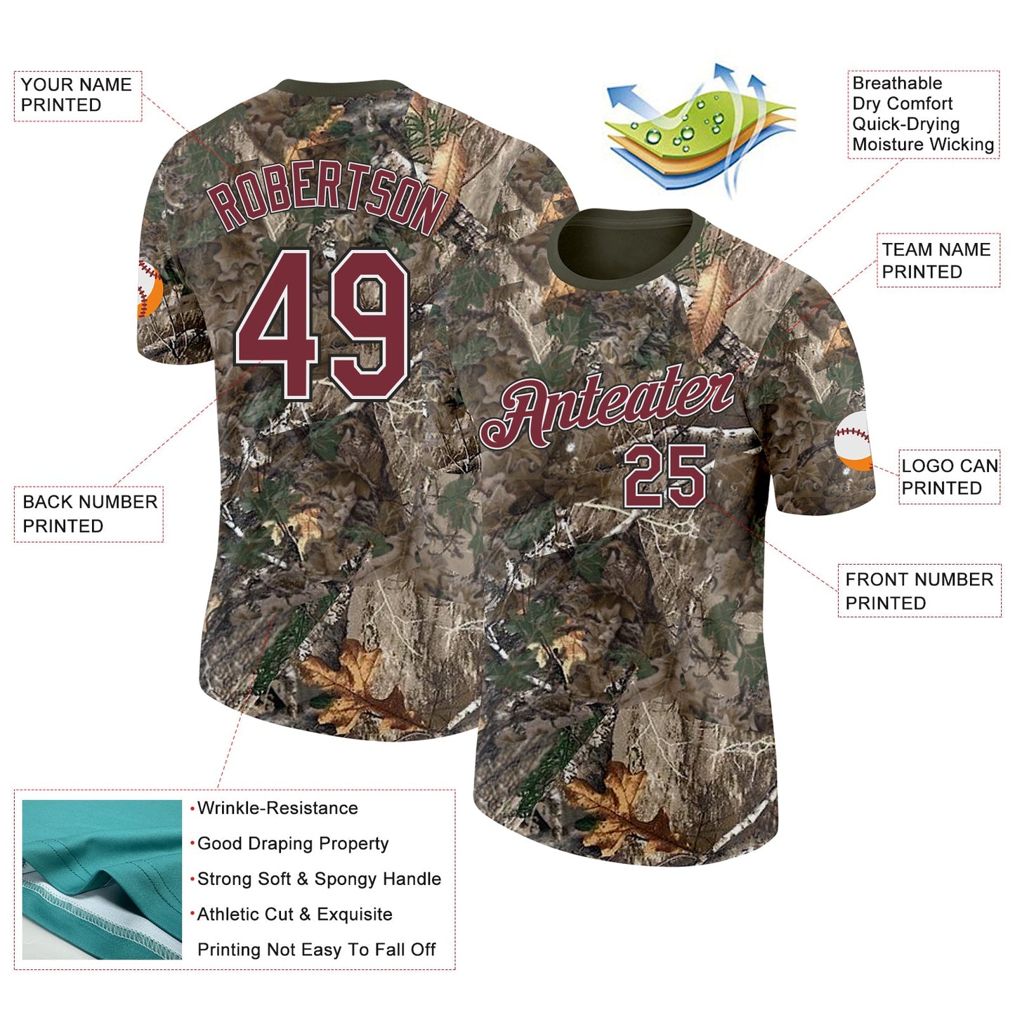 Custom Camo Burgundy White Black-Olive Woodland Camouflage Salute To Service Performance T-Shirt view 2