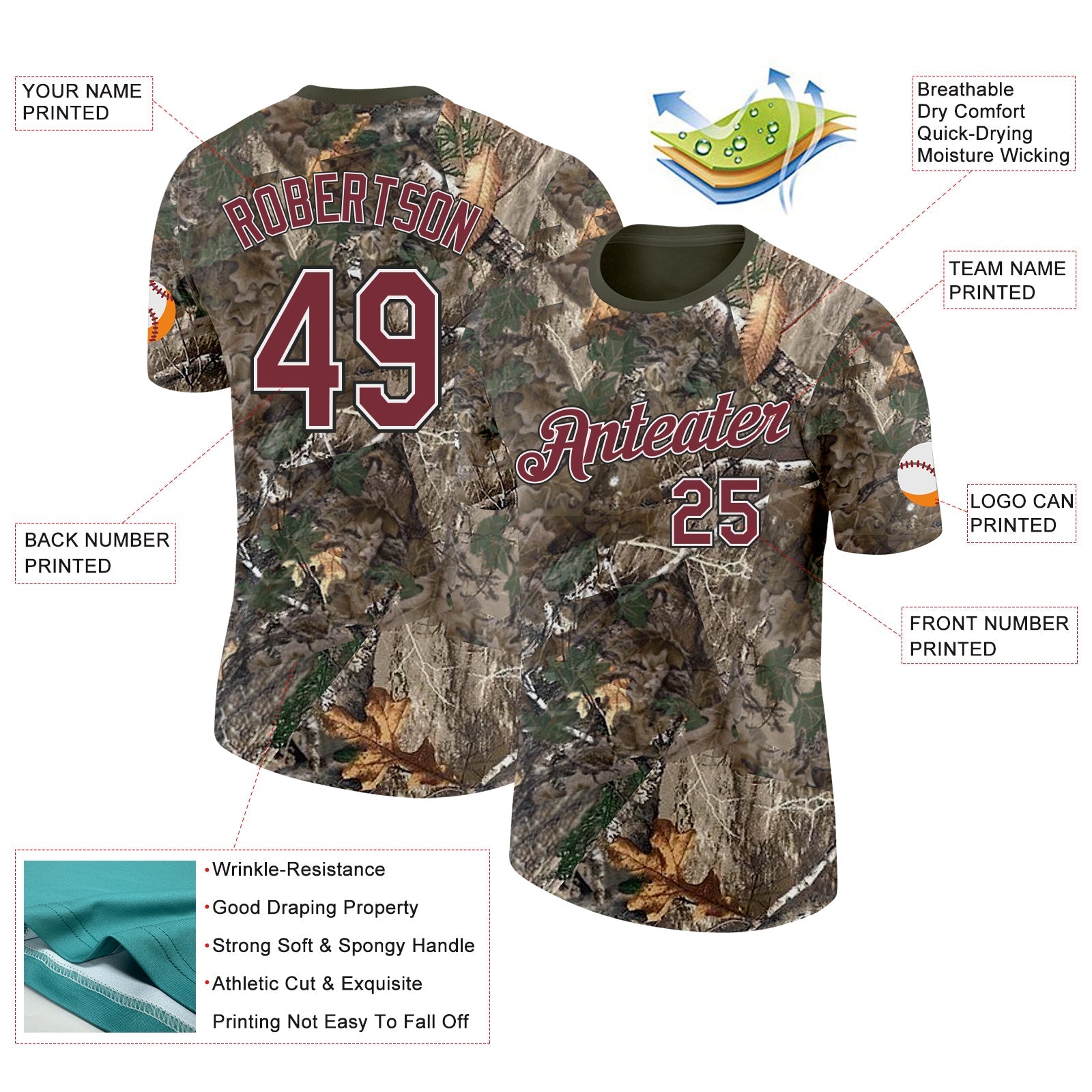 Custom Camo Burgundy White Black-Olive Woodland Camouflage Salute To Service Performance T-Shirt view 2