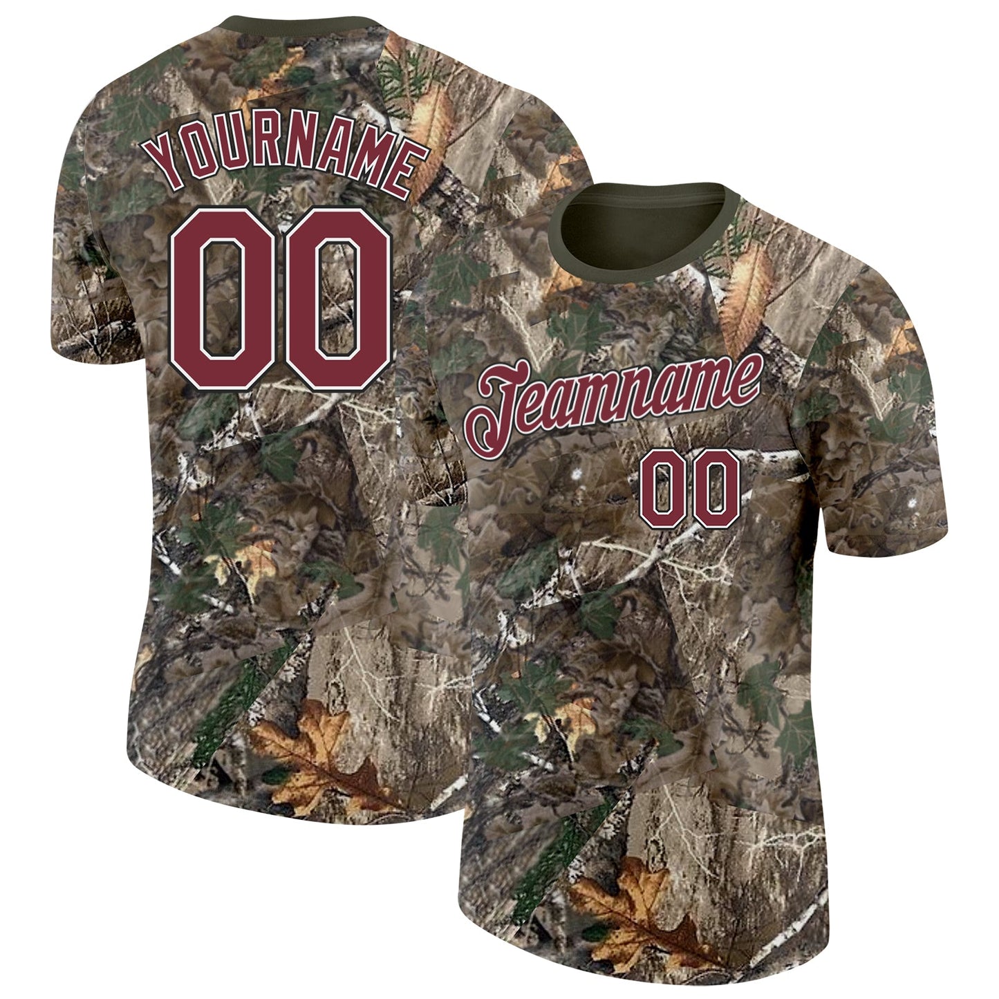 Custom Camo Burgundy White Black-Olive Woodland Camouflage Salute To Service Performance T-Shirt - Main View