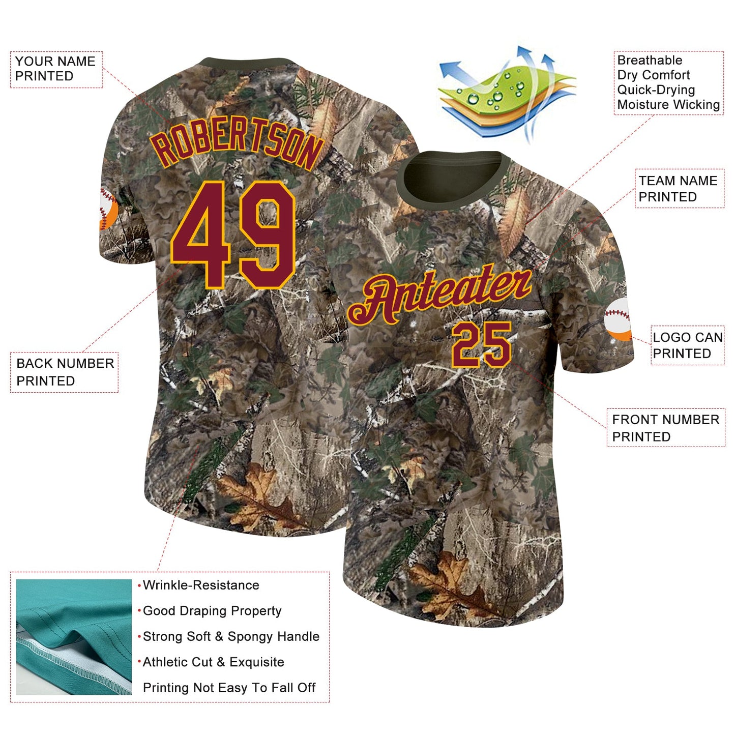 Custom Camo Crimson Gold-Olive Woodland Camouflage Salute To Service Performance T-Shirt view 2