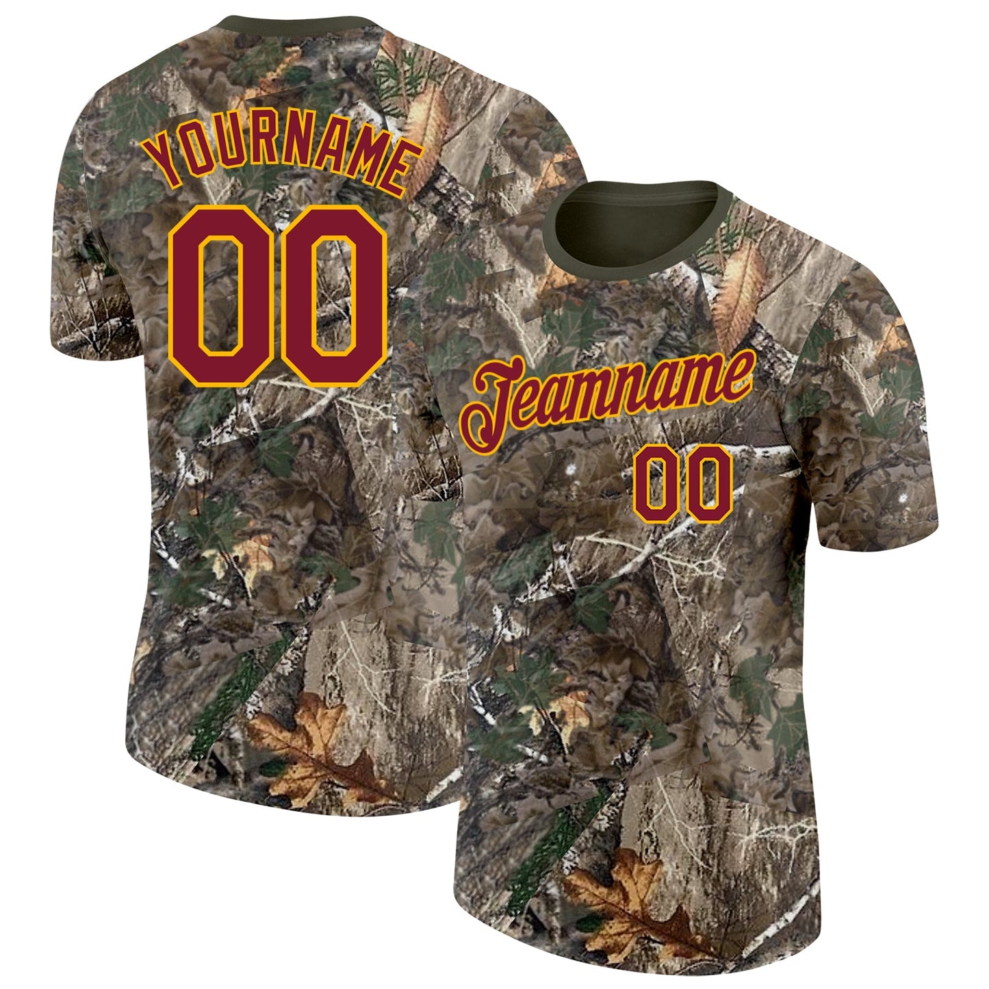 Custom Camo Crimson Gold-Olive Woodland Camouflage Salute To Service Performance T-Shirt - Main View