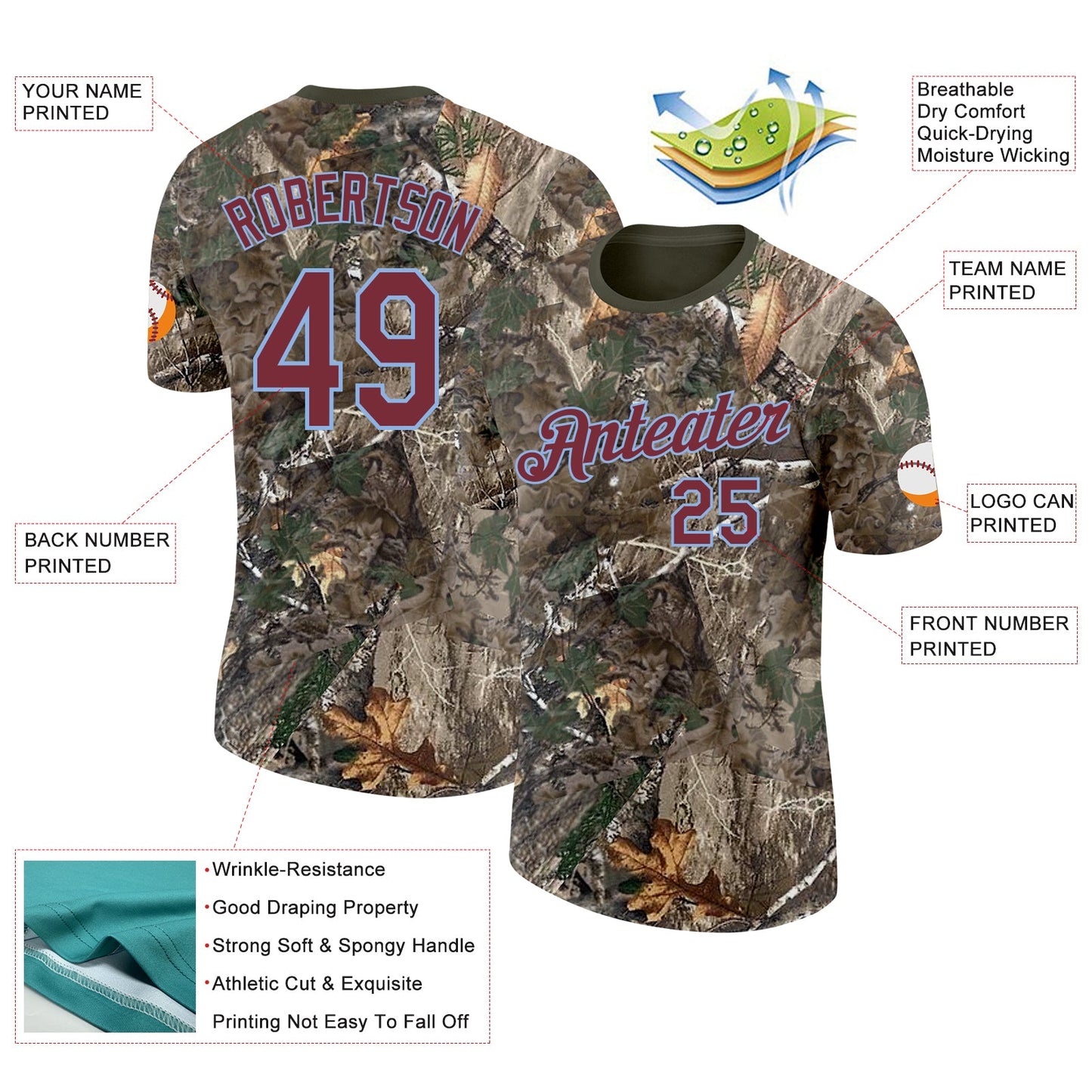 Custom Camo Burgundy Light Blue-Olive Woodland Camouflage Salute To Service Performance T-Shirt view 2