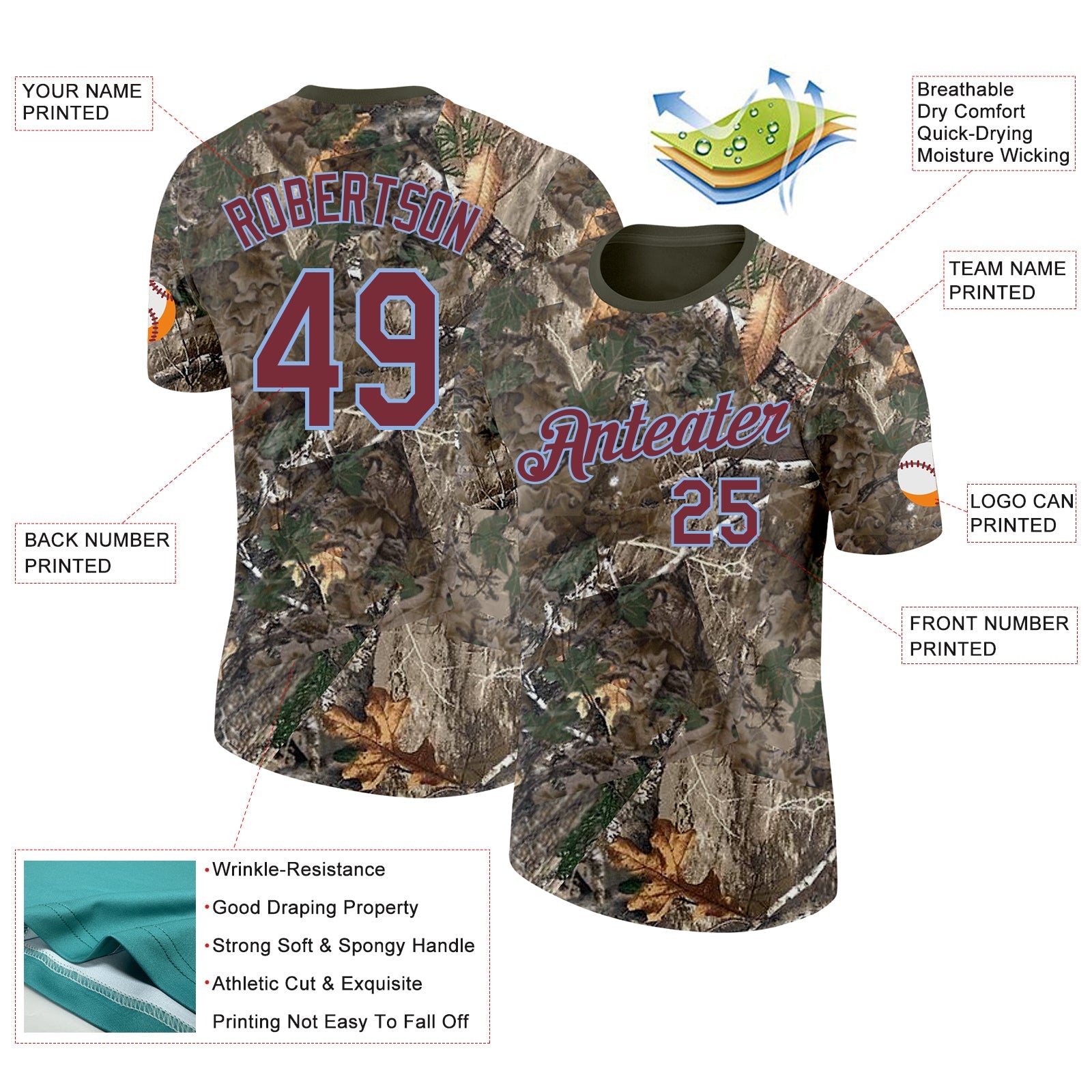 Custom Camo Burgundy Light Blue-Olive Woodland Camouflage Salute To Service Performance T-Shirt view 2