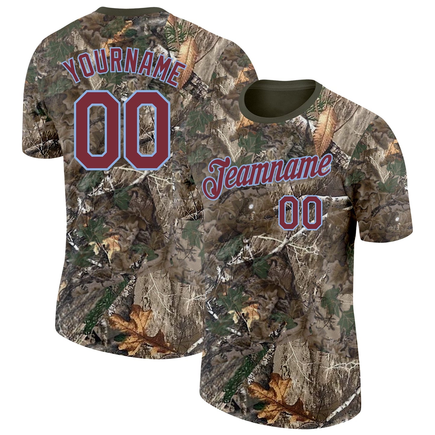 Custom Camo Burgundy Light Blue-Olive Woodland Camouflage Salute To Service Performance T-Shirt - Main View