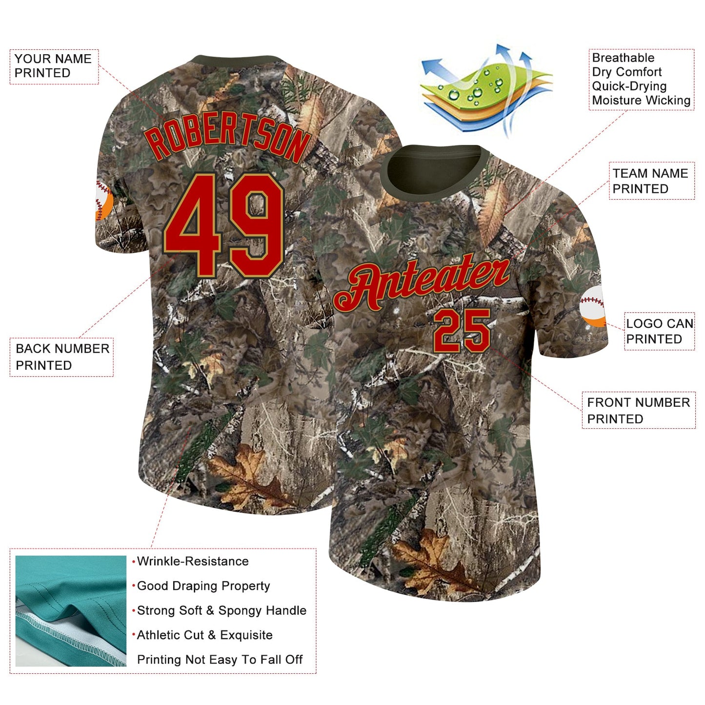 Custom Camo Red Old Gold Black-Olive Woodland Camouflage Salute To Service Performance T-Shirt view 2
