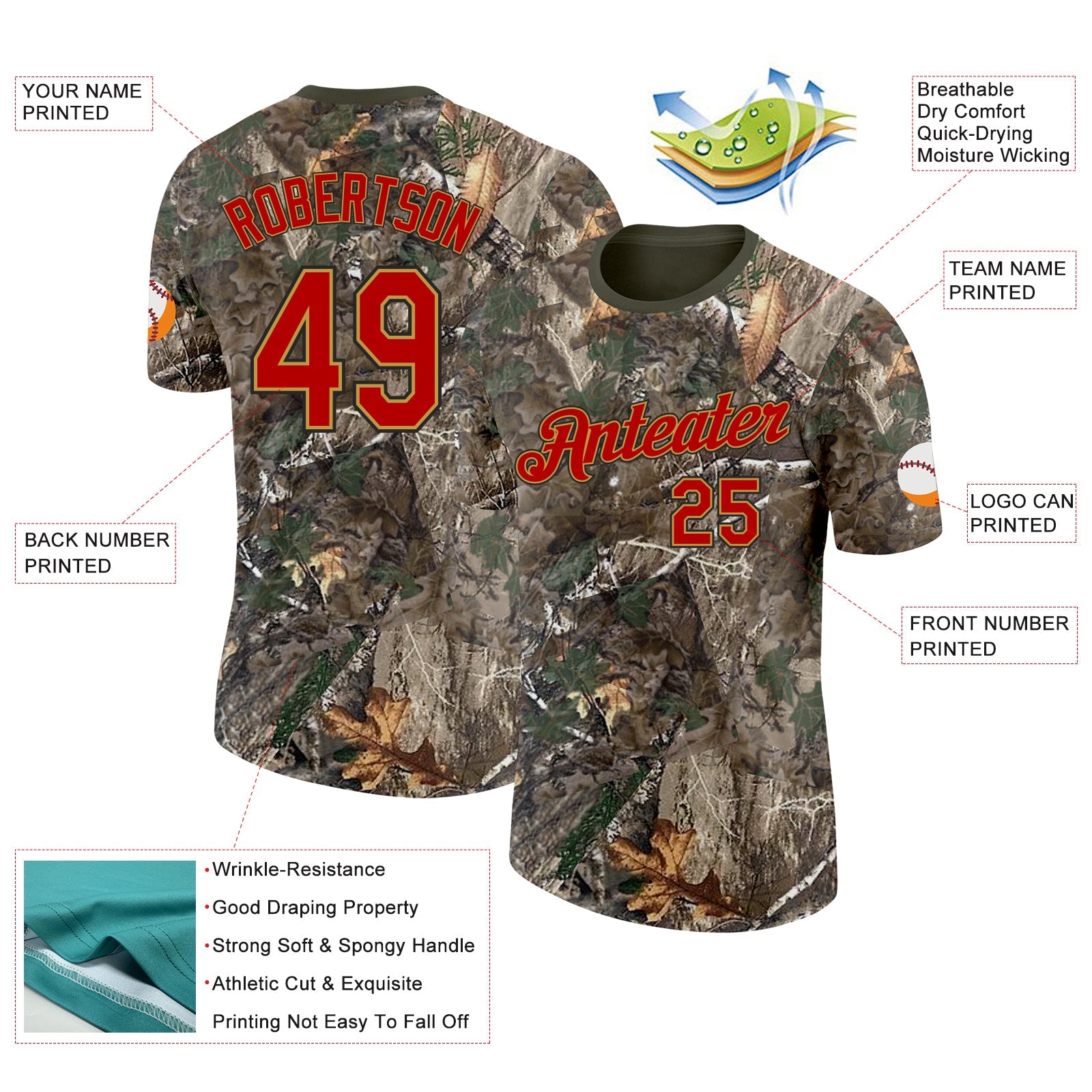 Custom Camo Red Old Gold Black-Olive Woodland Camouflage Salute To Service Performance T-Shirt view 2