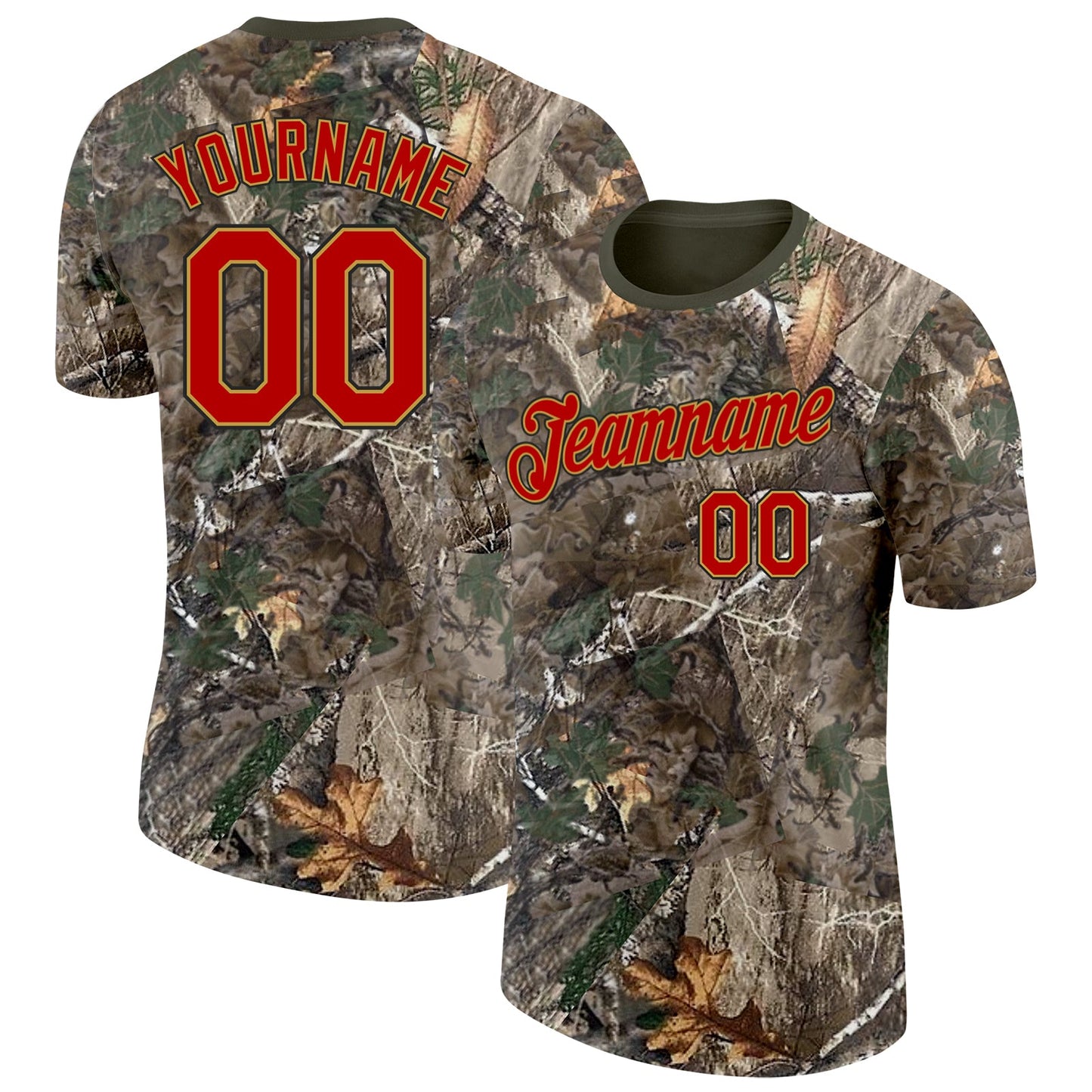 Custom Camo Red Old Gold Black-Olive Woodland Camouflage Salute To Service Performance T-Shirt - Main View