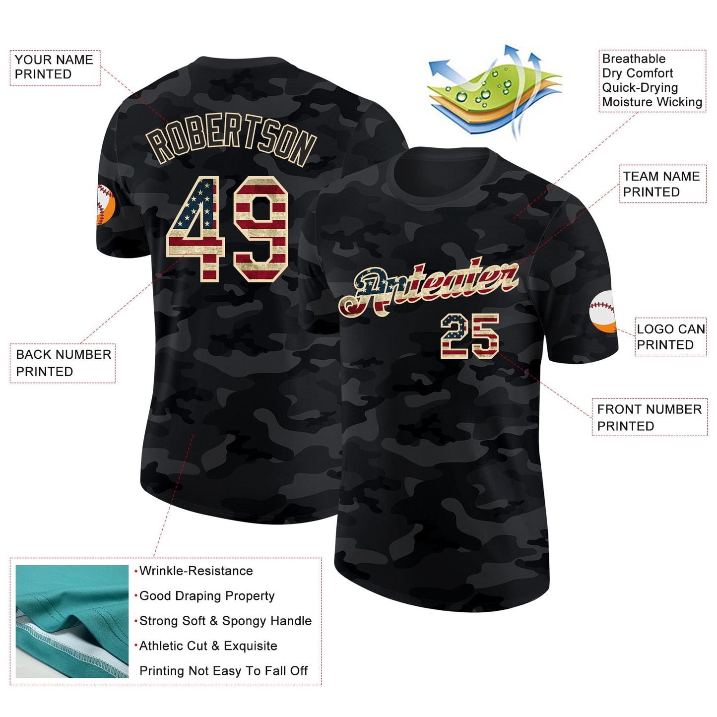Custom Camo Vintage USA Flag Cream-Black Salute To Service Performance T-Shirt view 2