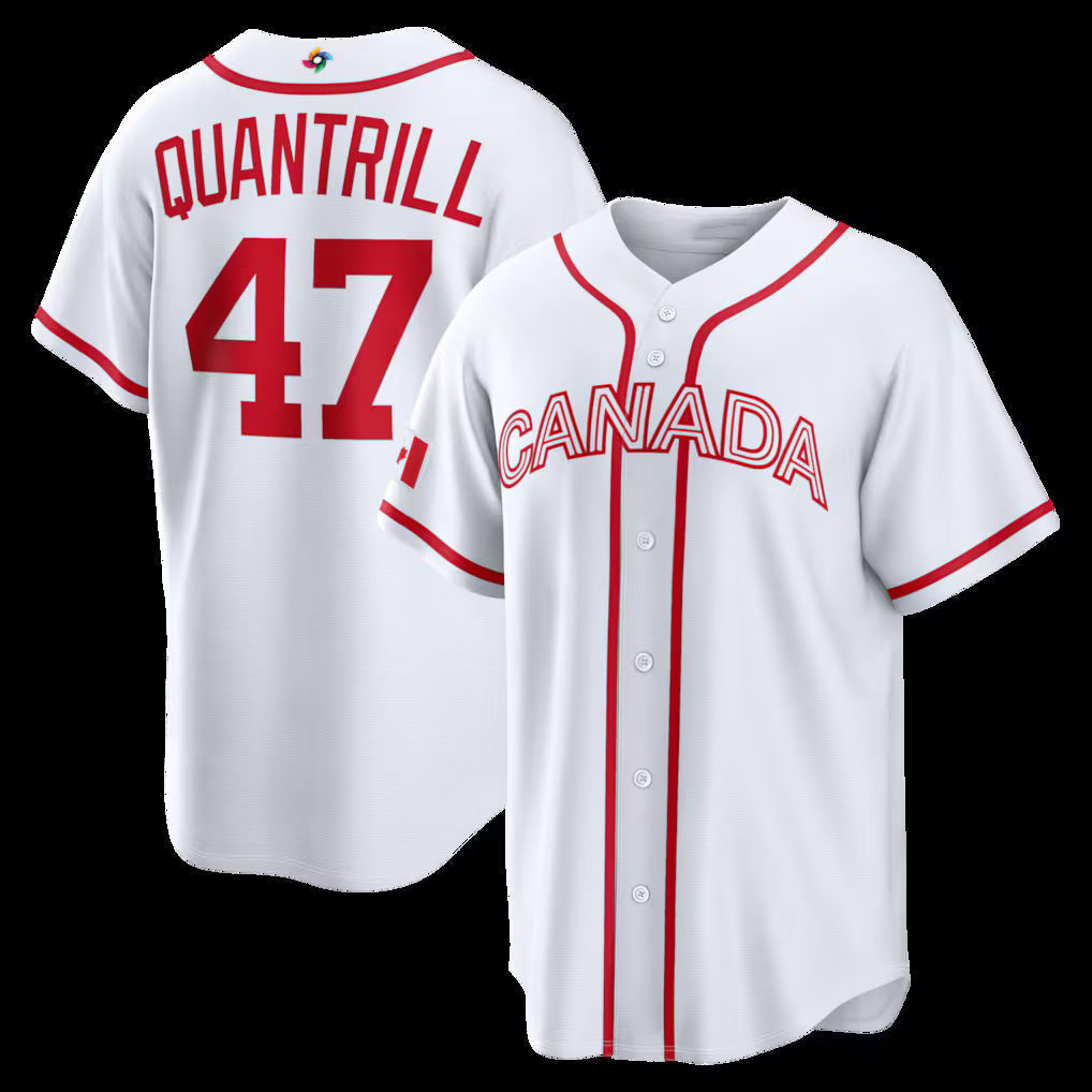 Canada Baseball #47 Cal Quantrill 2026 World Baseball Classic Home Stadium- White Baseball Jersey Tailgate Goods - Main View