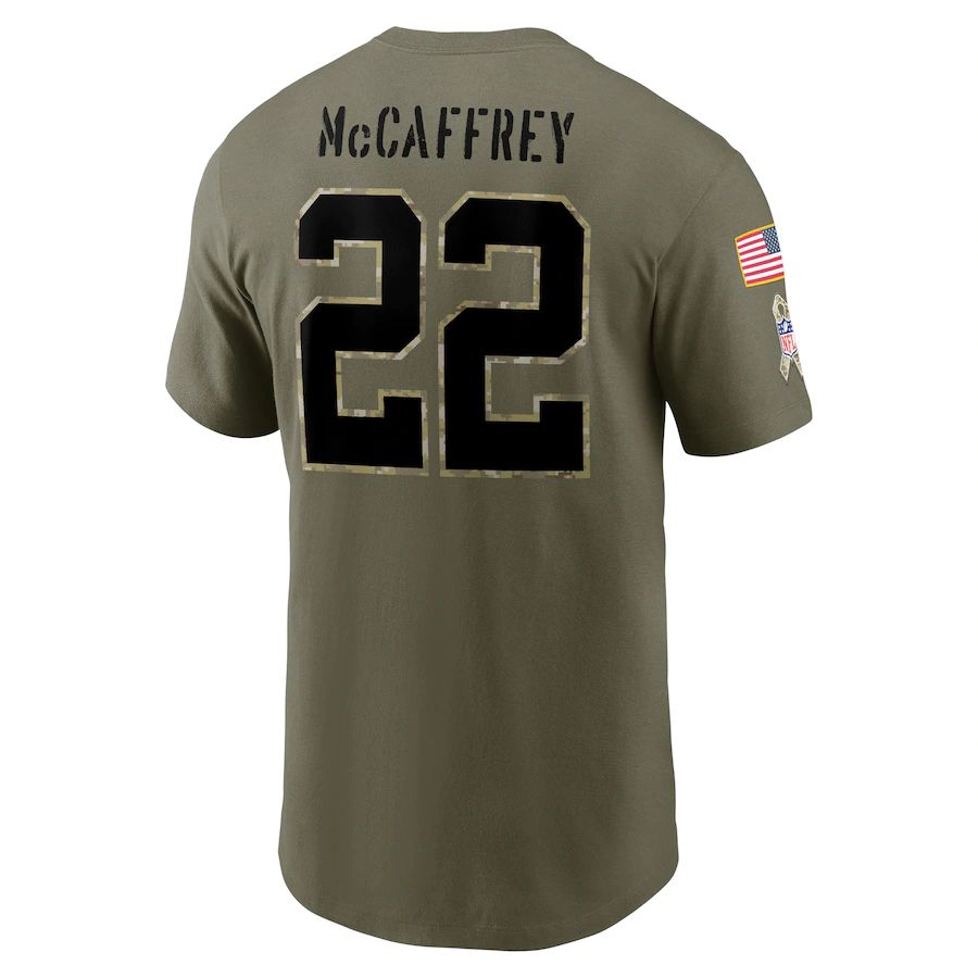 C.Panthers #22 Christian McCaffrey Olive 2022 Salute To Service Name & Number T-Shirt Stitched American Football Jerseys - Main View