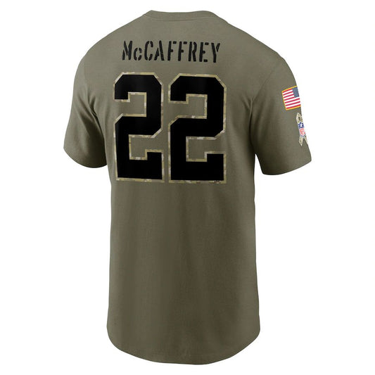 C.Panthers #22 Christian McCaffrey Olive 2022 Salute To Service Name & Number T-Shirt Stitched American Football Jerseys - Main View