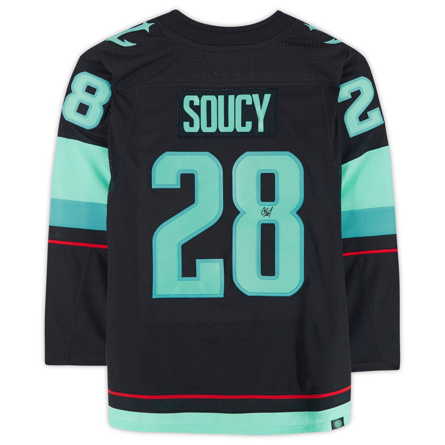S.Kraken #28 Carson Soucy Fanatics Authentic Autographed with Inaugural Season Jersey Patch Blue Stitched American Hockey Jerseys - Main View