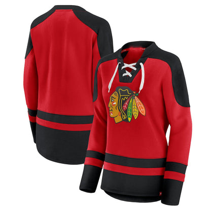 C.Blackhawks Fanatics Branded Net Gain Fleece V-Neck Pullover Sweatshirt Red Black Stitched American Hockey Jerseys - Main View